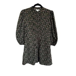 Topshop 6 Petite Black Button Tunic Dress Ditsy Floral Pintuck Puff Sleeve #2912